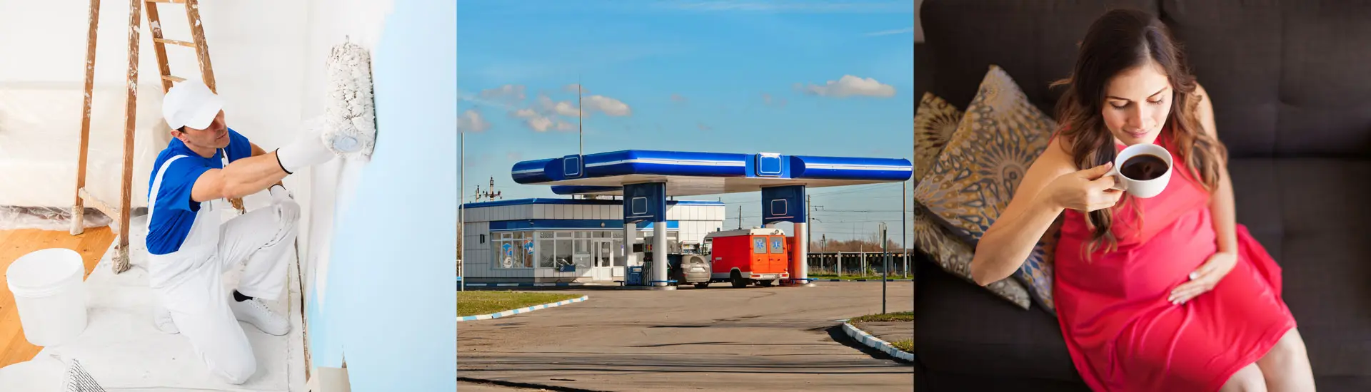 A gas station with a truck parked in front of it.