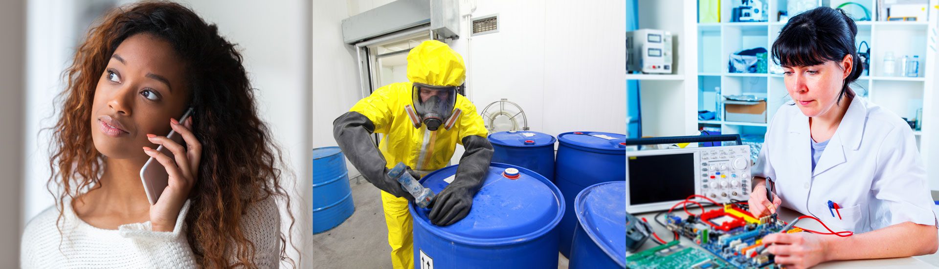 A person in yellow and black suit working on barrels.